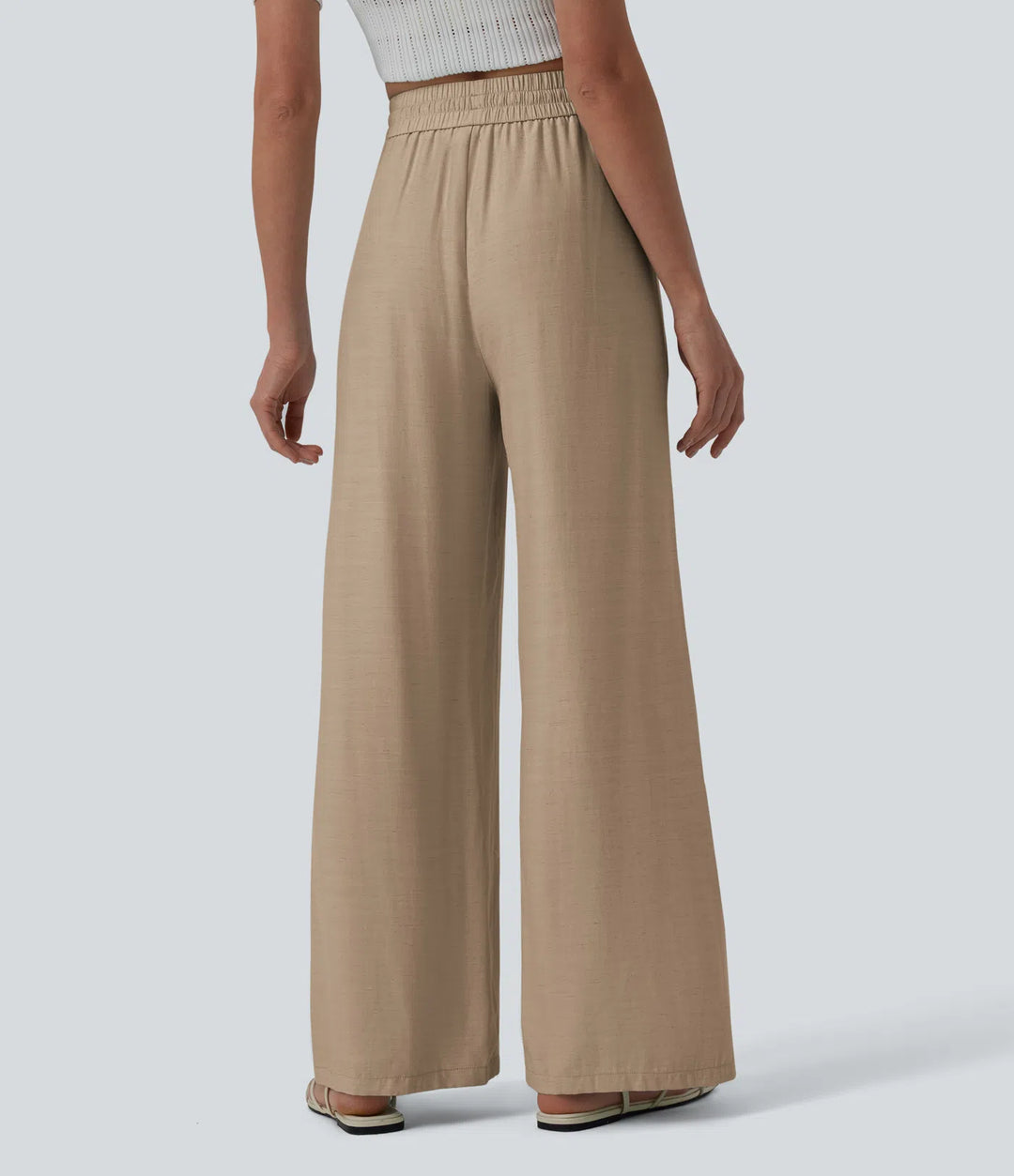 Pantalon casual large mélange lin taille haute avec cordon de serrage et poches
