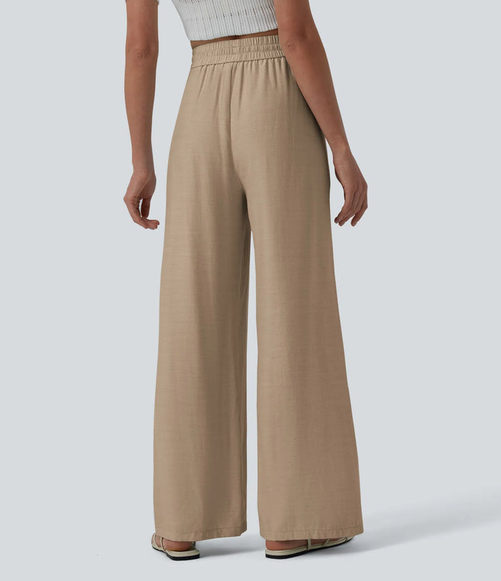 Pantalon casual large mélange lin taille haute avec cordon de serrage et poches