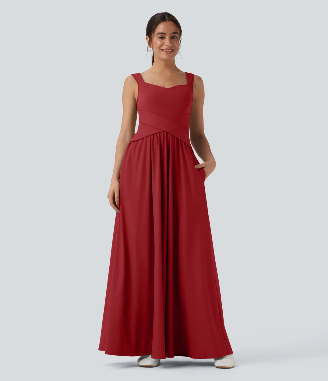 Robe maxi casual fluide dos nu, avec brassière intégrée et poches