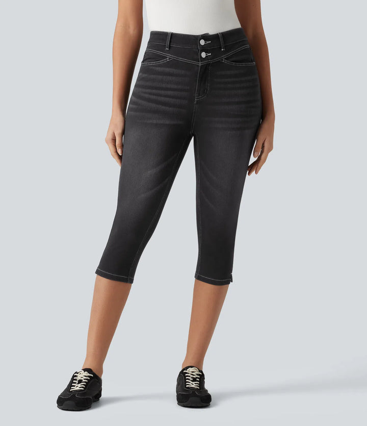 Jean slim casual capri taille haute avec fentes et poches