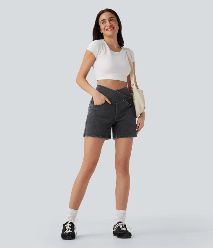 Jean & Marie Short décontracté évasé à jambe large en denim extensible délavé taille haute croisée avec poches multiples