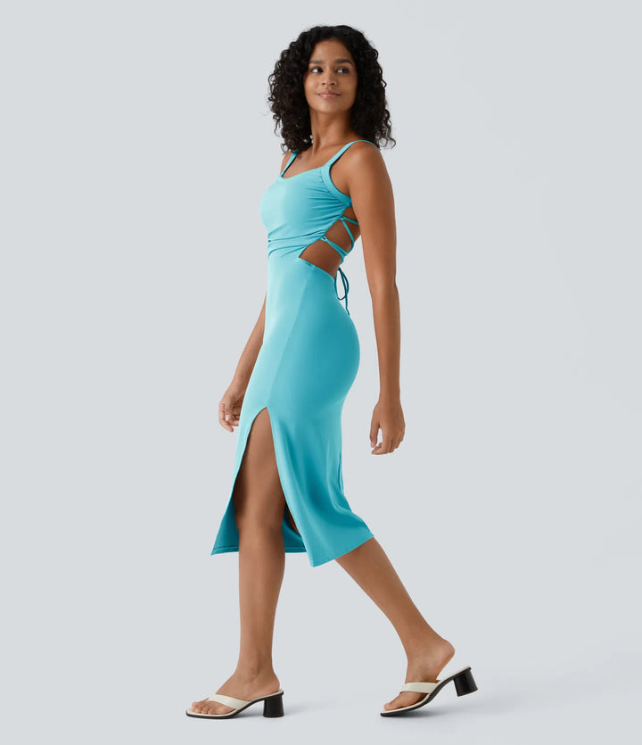 Robe midi casual laquée fendue, brassière intégrée, dos nu croisé
