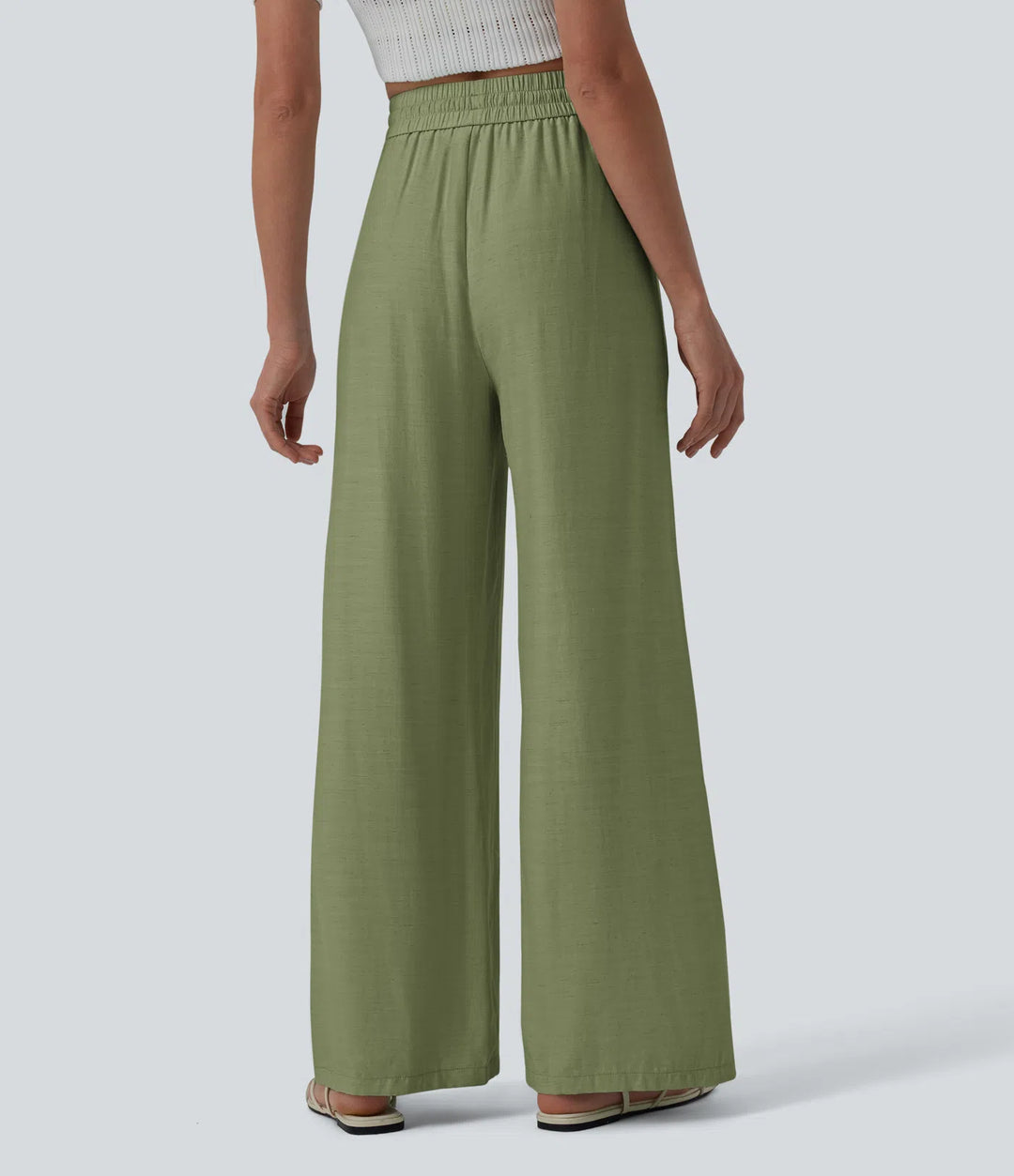 Pantalon casual large mélange lin taille haute avec cordon de serrage et poches