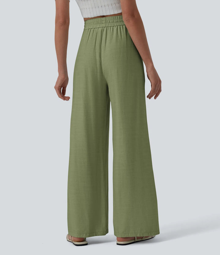 Pantalon casual large mélange lin taille haute avec cordon de serrage et poches