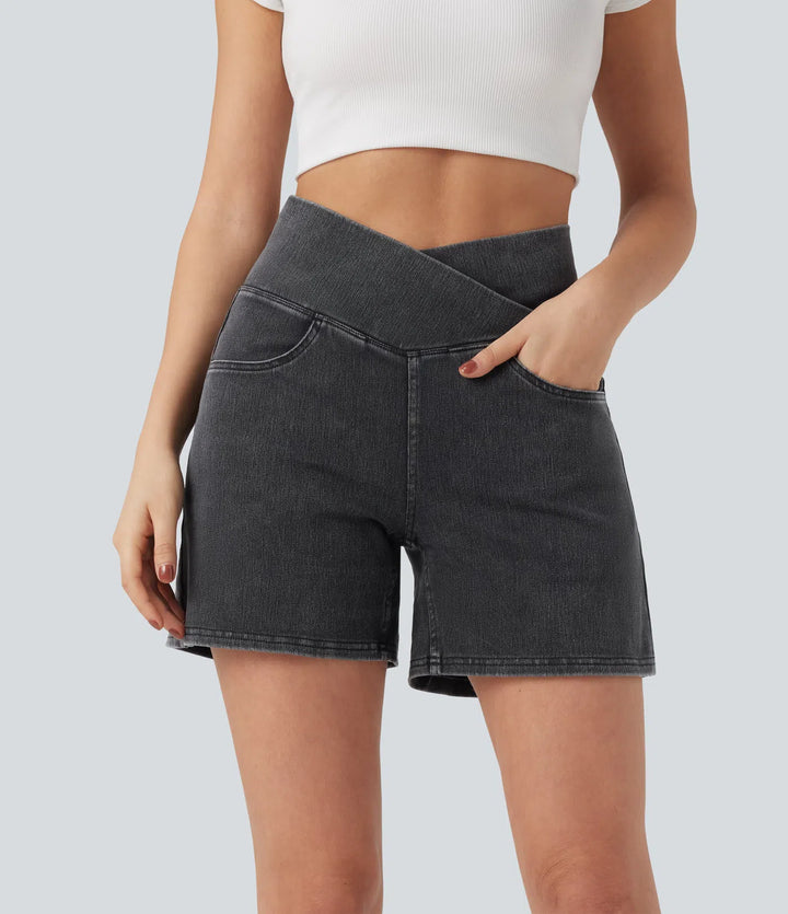 Jean & Marie Short décontracté évasé à jambe large en denim extensible délavé taille haute croisée avec poches multiples