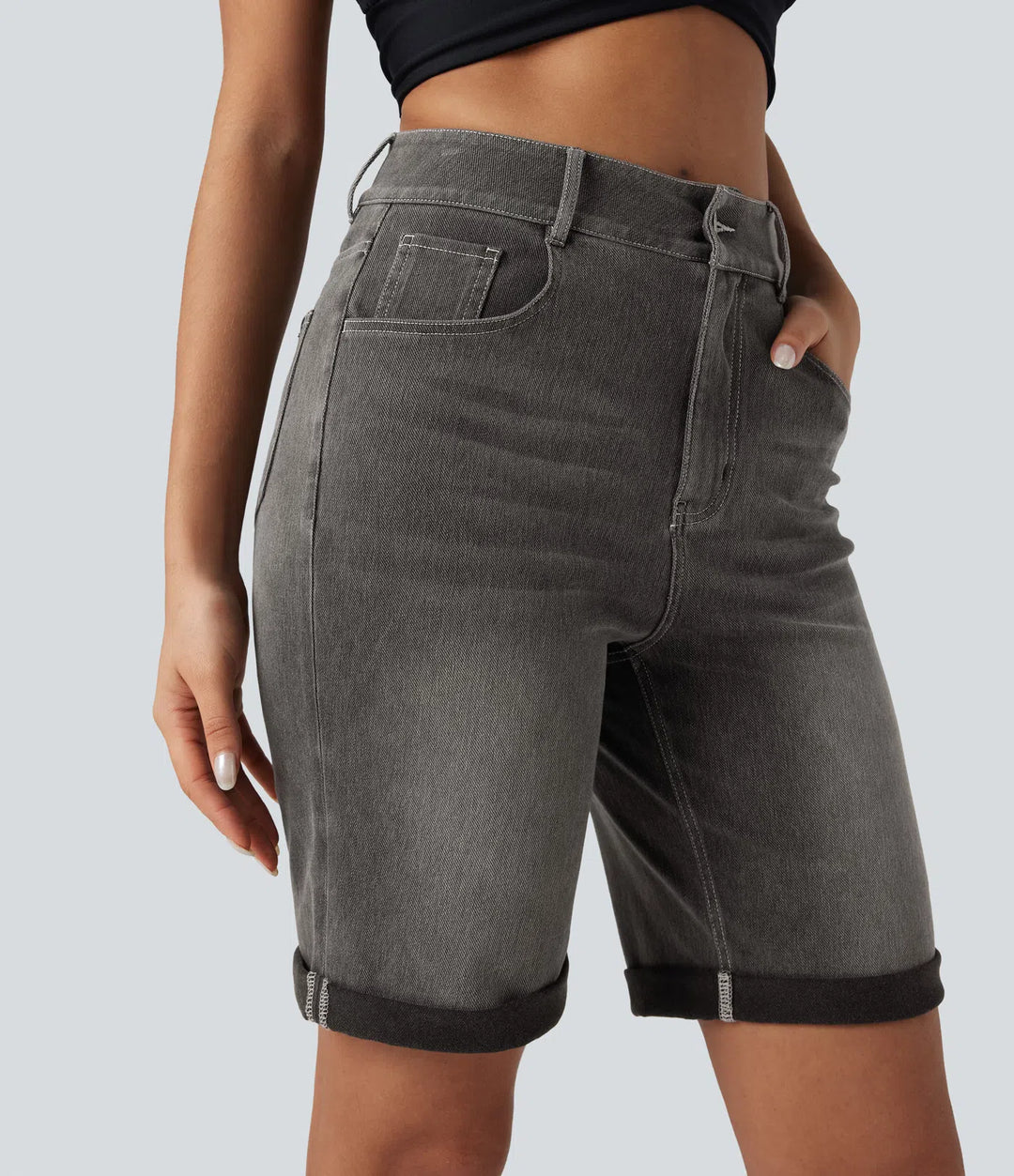 Bermuda décontracté en jean extensible délavé Halara Flex™ taille haute avec revers et multiples poches