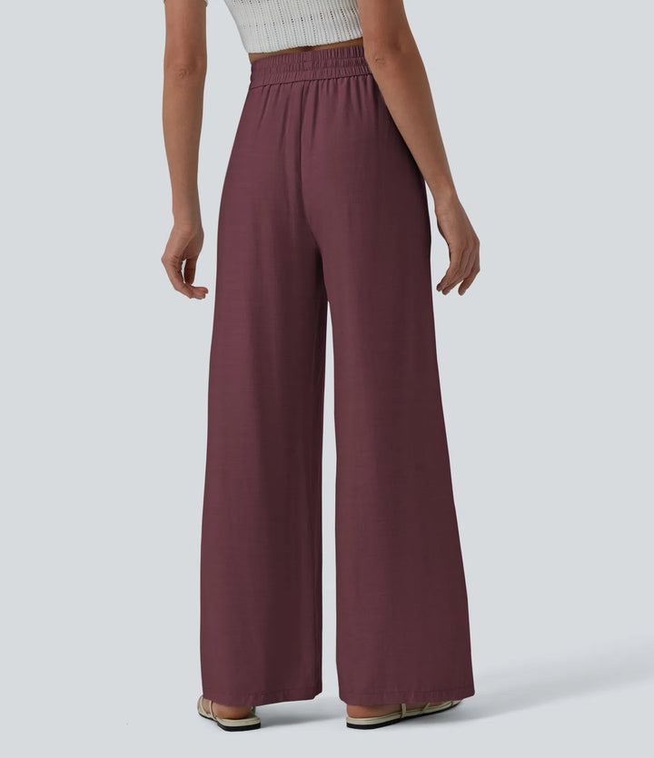 Pantalon casual large mélange lin taille haute avec cordon de serrage et poches
