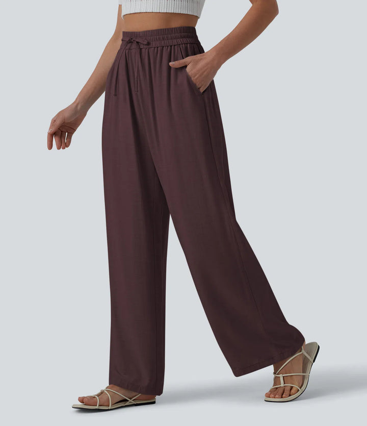 Pantalon casual large mélange lin taille haute avec cordon de serrage et poches