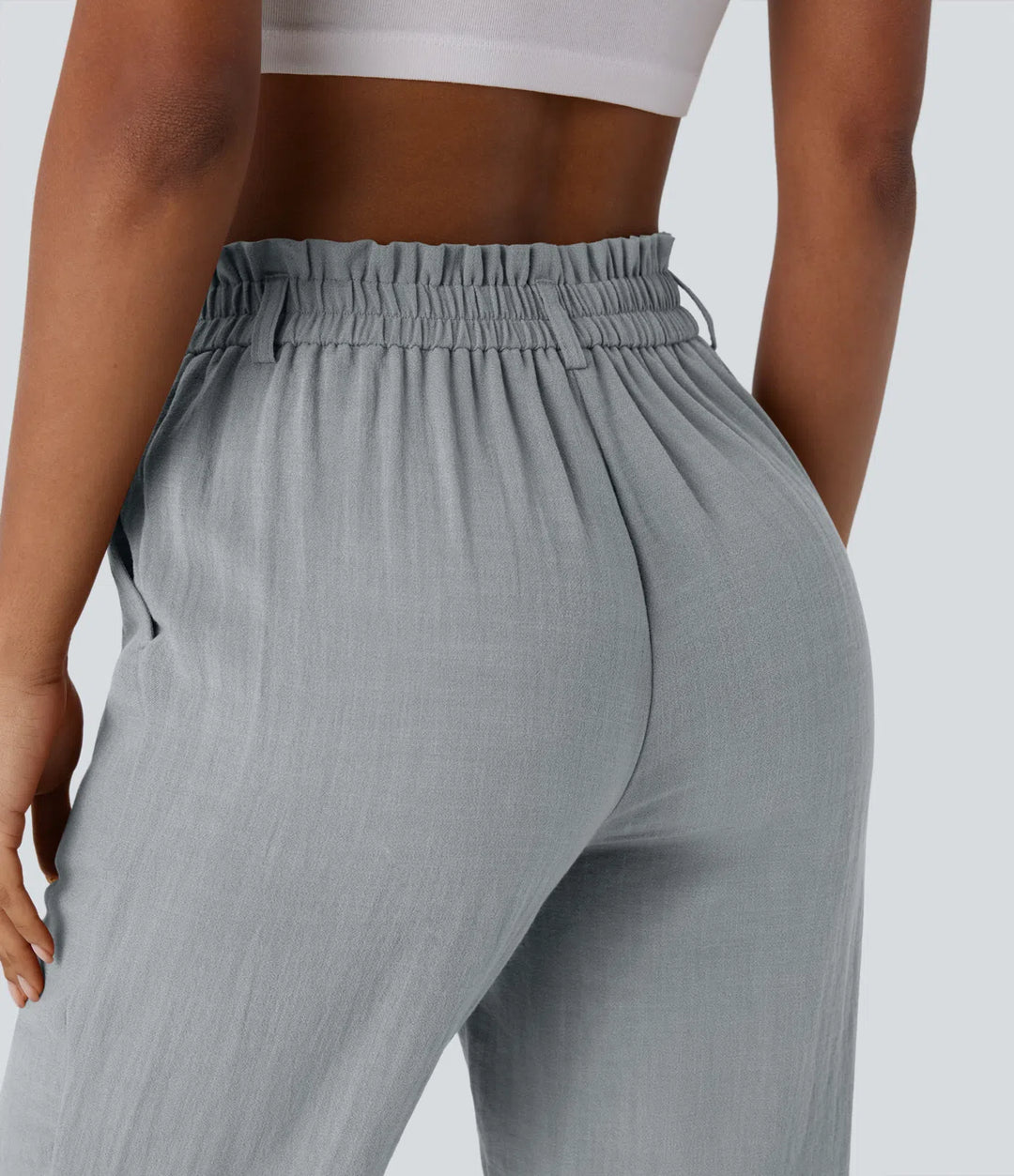 Pantalon capri effet lin taille haute avec poches zippées