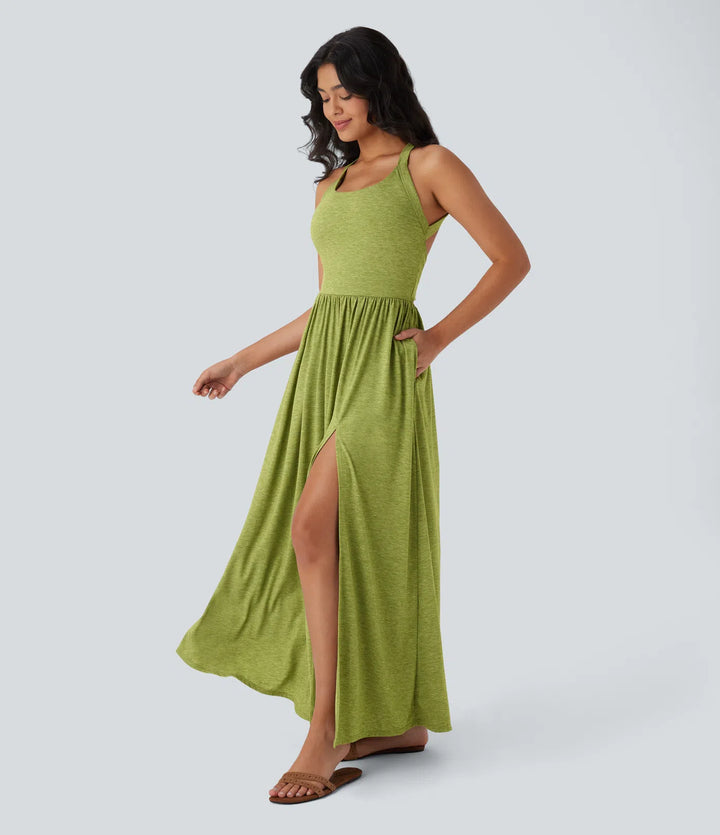 Robe longue fluide fendue avec poches latérales, dos nu et effet torsadé