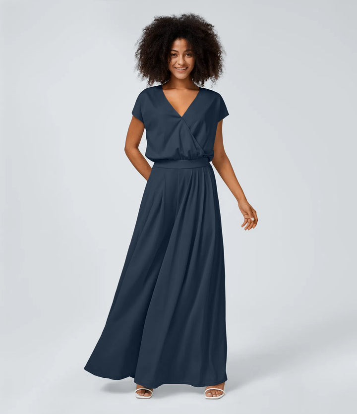 Combinaison Casual Col en V Jambes Large Plissée Manches Courtes Poche Latérale Gaufrée Fluide