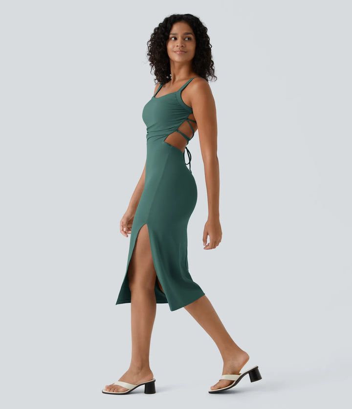 Robe midi casual laquée fendue, brassière intégrée, dos nu croisé