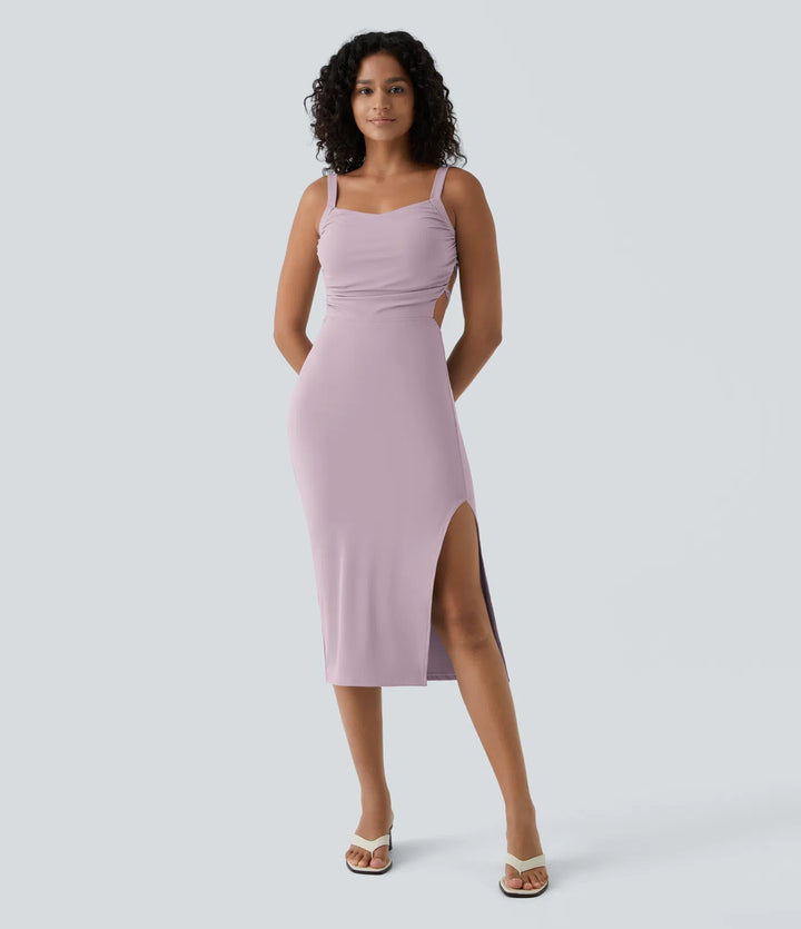 Robe midi casual laquée fendue, brassière intégrée, dos nu croisé