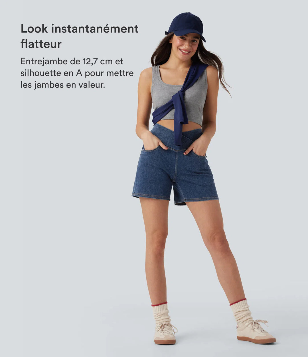 Jean & Marie Short décontracté évasé à jambe large en denim extensible délavé taille haute croisée avec poches multiples