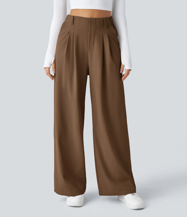 Pantalon fluide à taille haute et jambes larges, en tissu gaufré, avec poches latérales