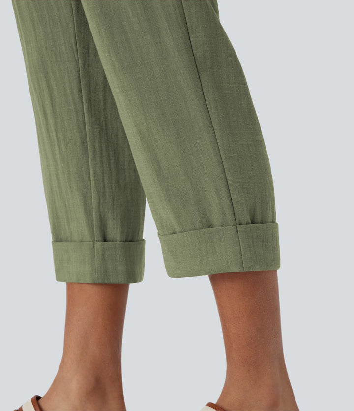 Pantalon capri effet lin taille haute avec poches zippées