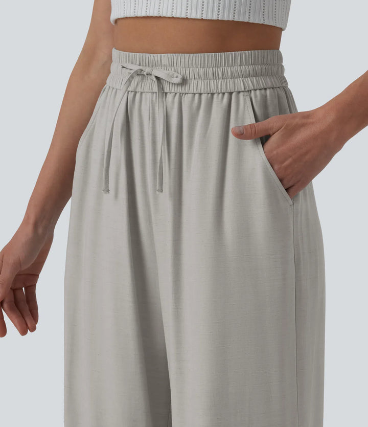 Pantalon casual large mélange lin taille haute avec cordon de serrage et poches
