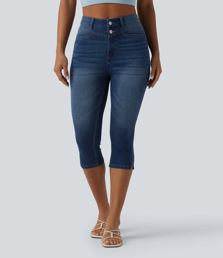 Jean slim casual capri taille haute avec fentes et poches