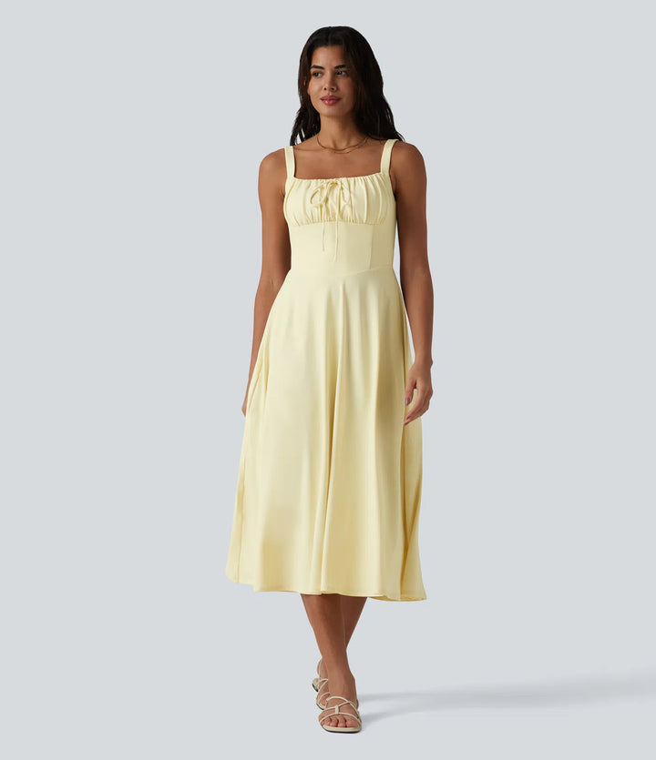 Robe fluide midi de villégiature sans manches, encolure carrée, dos nu croisé, fronces et soutien-gorge intégré