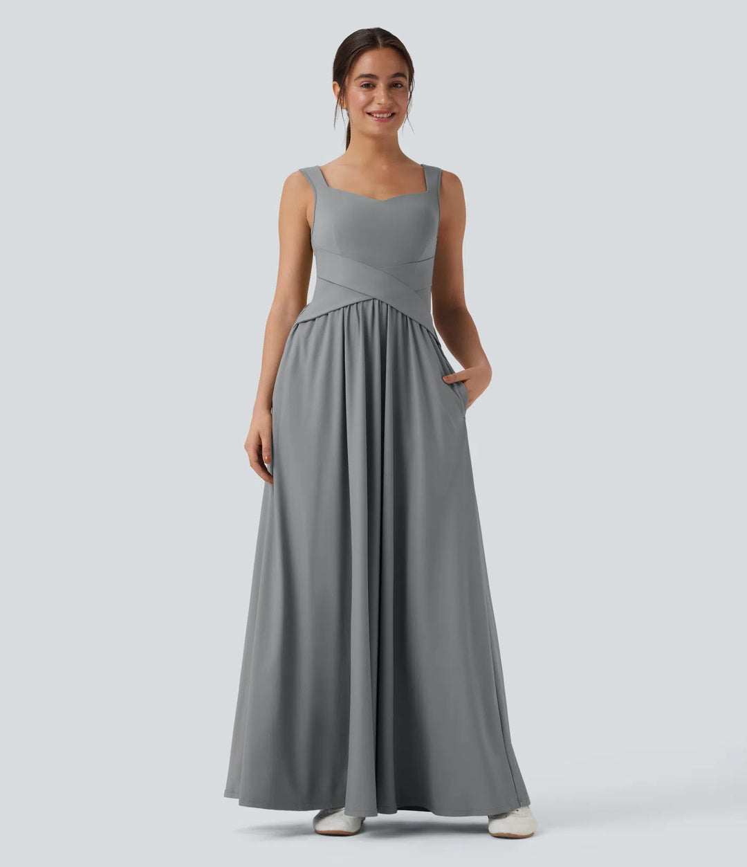Robe maxi casual fluide dos nu, avec brassière intégrée et poches