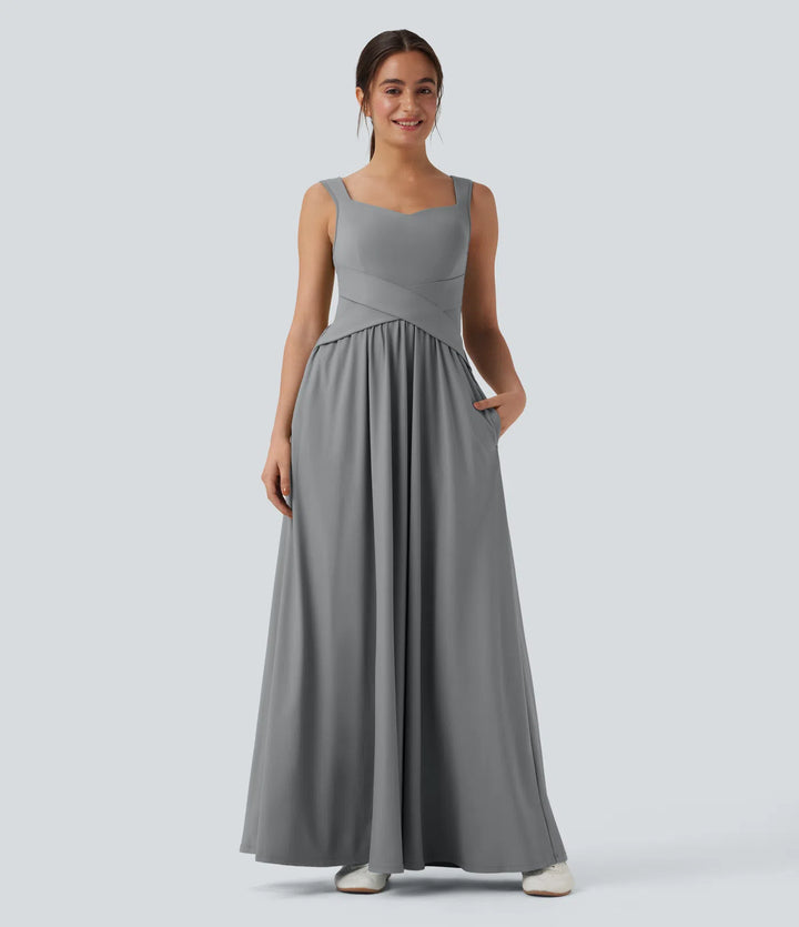 Robe maxi casual fluide dos nu, avec brassière intégrée et poches