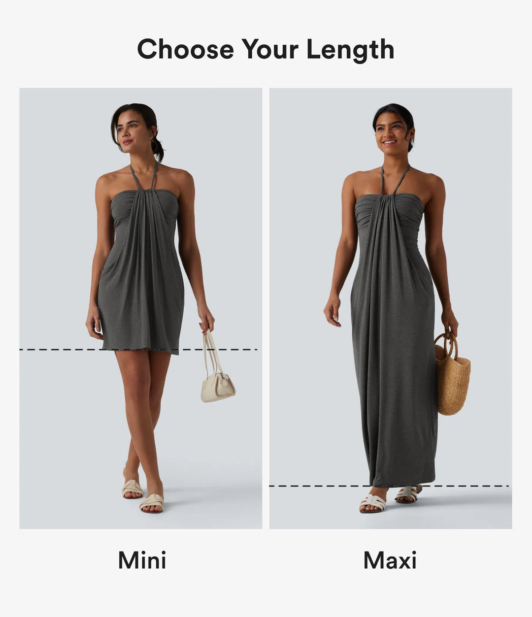 Robe resort mini dos nu à col licou avec lien noué dans le dos et poches