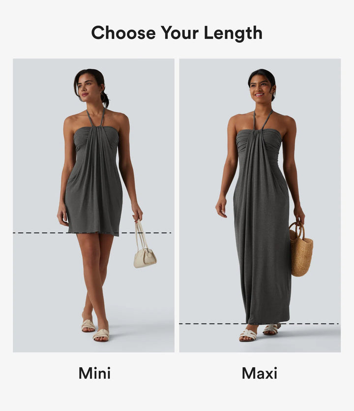 Robe resort mini dos nu à col licou avec lien noué dans le dos et poches