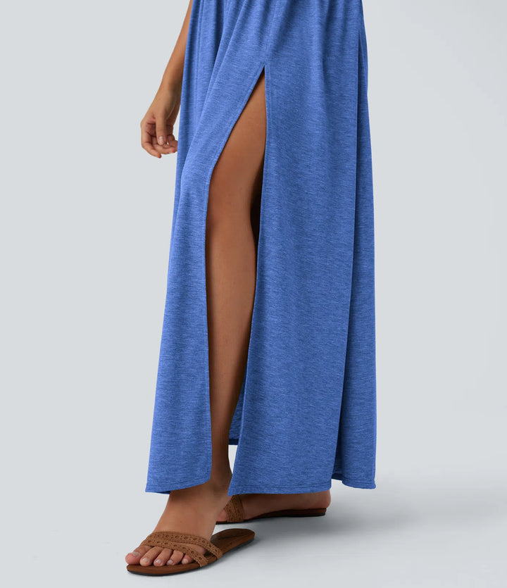 Robe longue fluide fendue avec poches latérales, dos nu et effet torsadé
