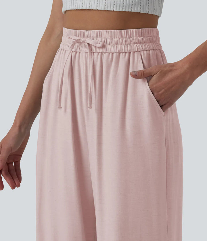 Pantalon casual large mélange lin taille haute avec cordon de serrage et poches