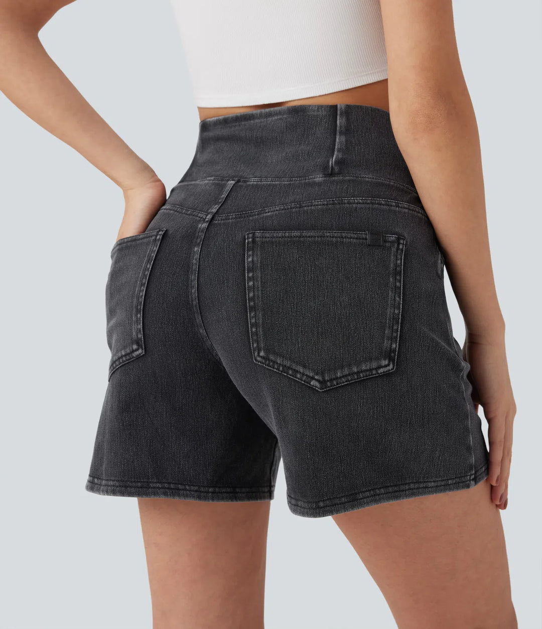 Jean & Marie Short décontracté évasé à jambe large en denim extensible délavé taille haute croisée avec poches multiples