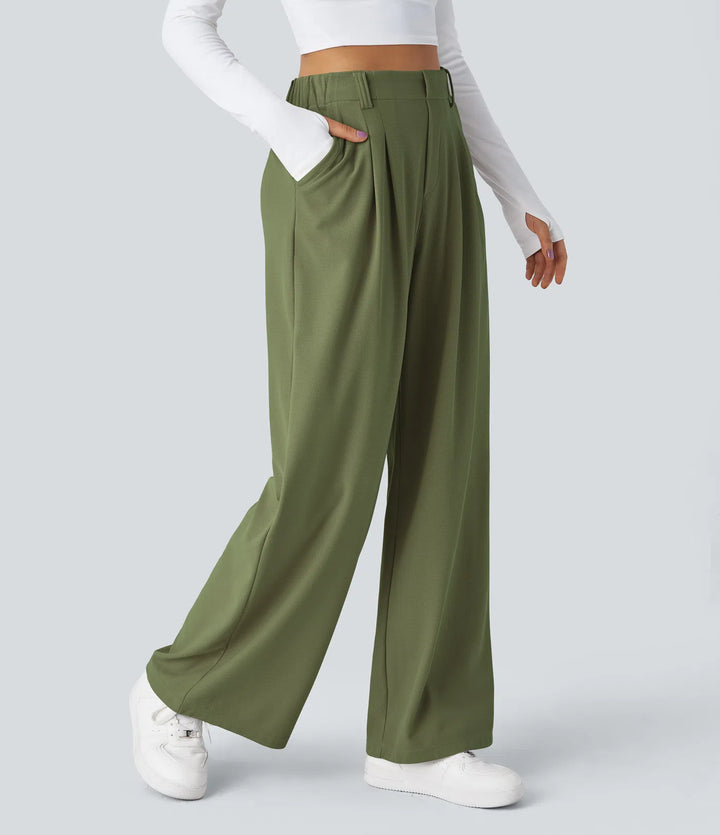 Pantalon Tailleur Large Fluide Gaufré Taille Haute Poches Latérales
