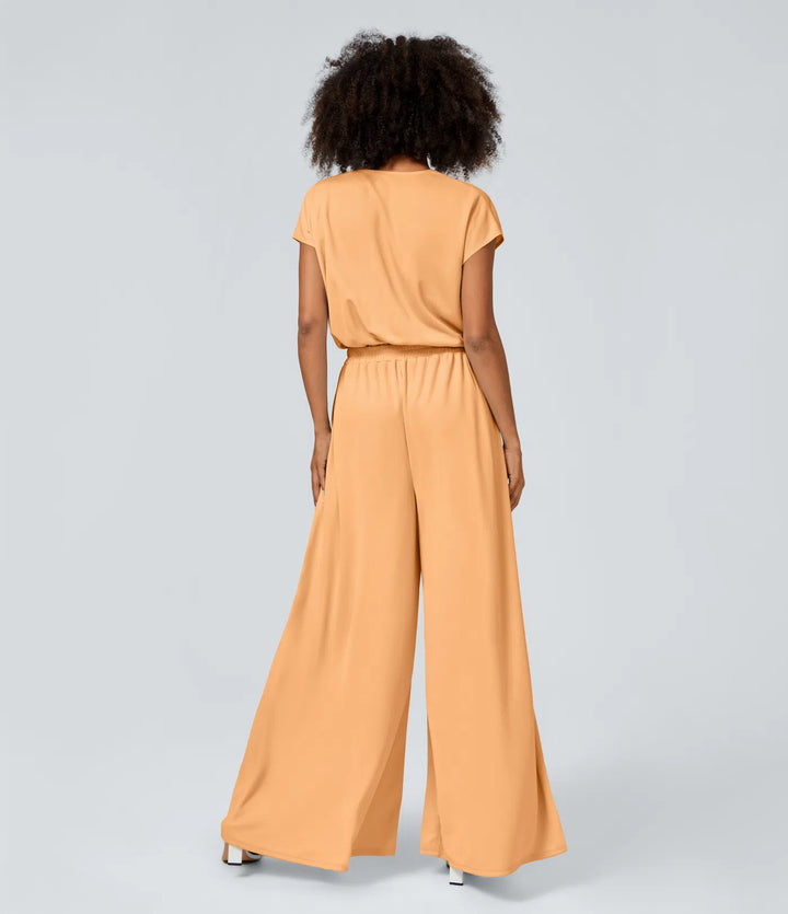 Combinaison Casual Col en V Jambes Large Plissée Manches Courtes Poche Latérale Gaufrée Fluide