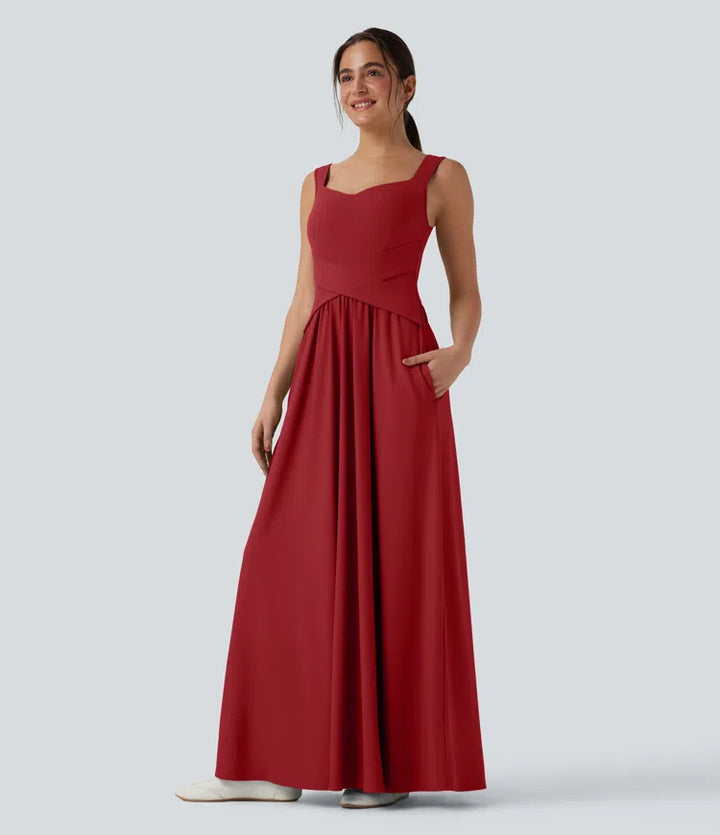 Robe maxi casual fluide dos nu, avec brassière intégrée et poches
