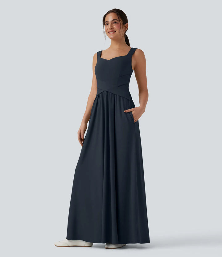 Robe maxi casual fluide dos nu, avec brassière intégrée et poches