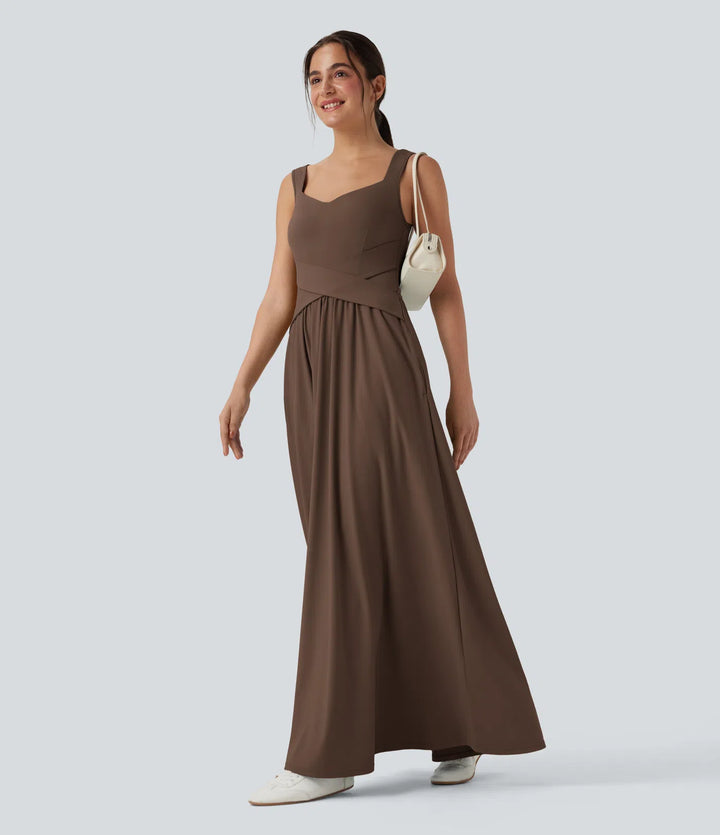 Robe maxi casual fluide dos nu, avec brassière intégrée et poches