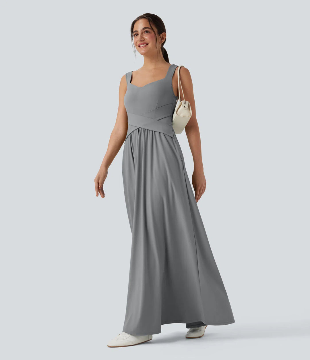 Robe maxi casual fluide dos nu, avec brassière intégrée et poches