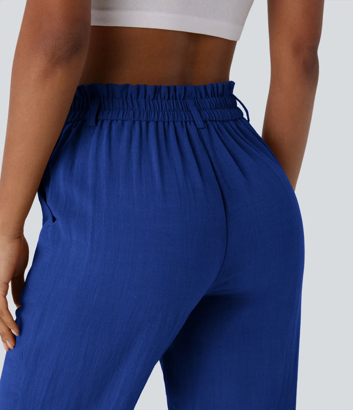 Pantalon capri effet lin taille haute avec poches zippées