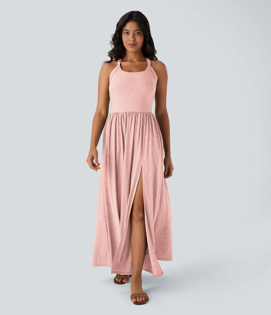 Robe longue fluide fendue avec poches latérales, dos nu et effet torsadé