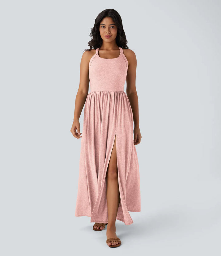 Robe longue fluide fendue avec poches latérales, dos nu et effet torsadé