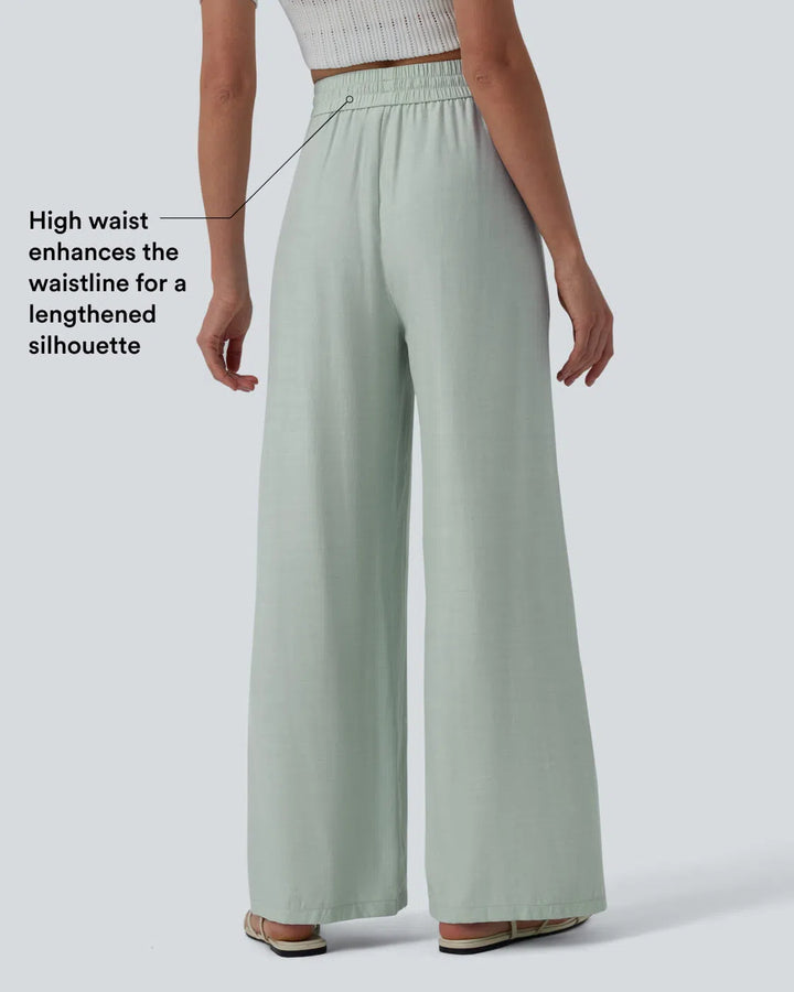 Pantalon casual large mélange lin taille haute avec cordon de serrage et poches