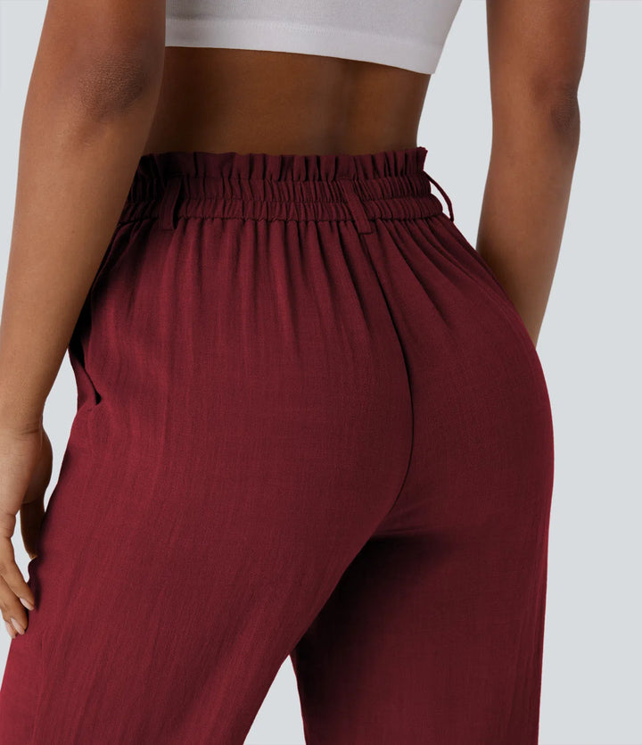 Pantalon capri effet lin taille haute avec poches zippées