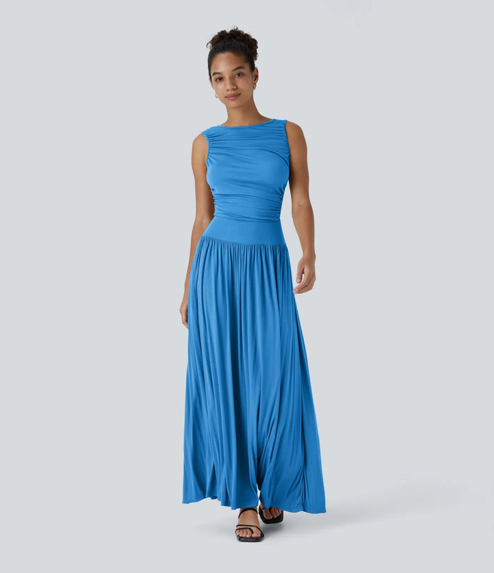 Robe longue décontractée à encolure bateau, bretelles asymétriques, côtés froncés et poches