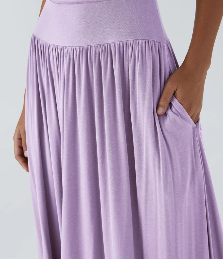 Robe longue décontractée à encolure bateau, bretelles asymétriques, côtés froncés et poches