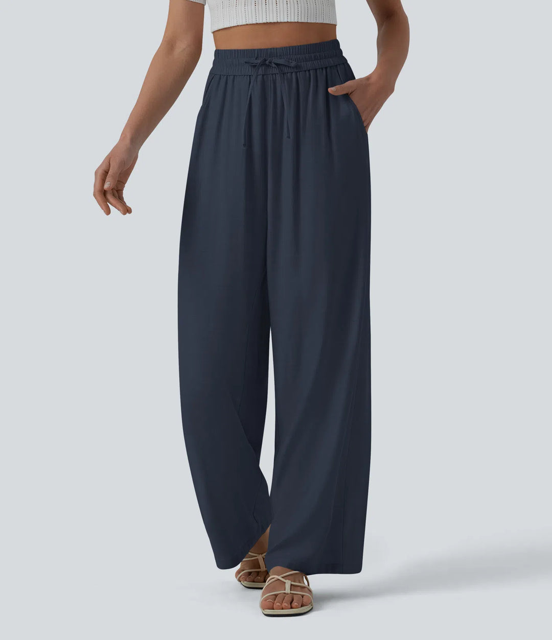 Pantalon casual large mélange lin taille haute avec cordon de serrage et poches