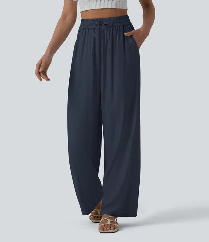Pantalon casual large mélange lin taille haute avec cordon de serrage et poches