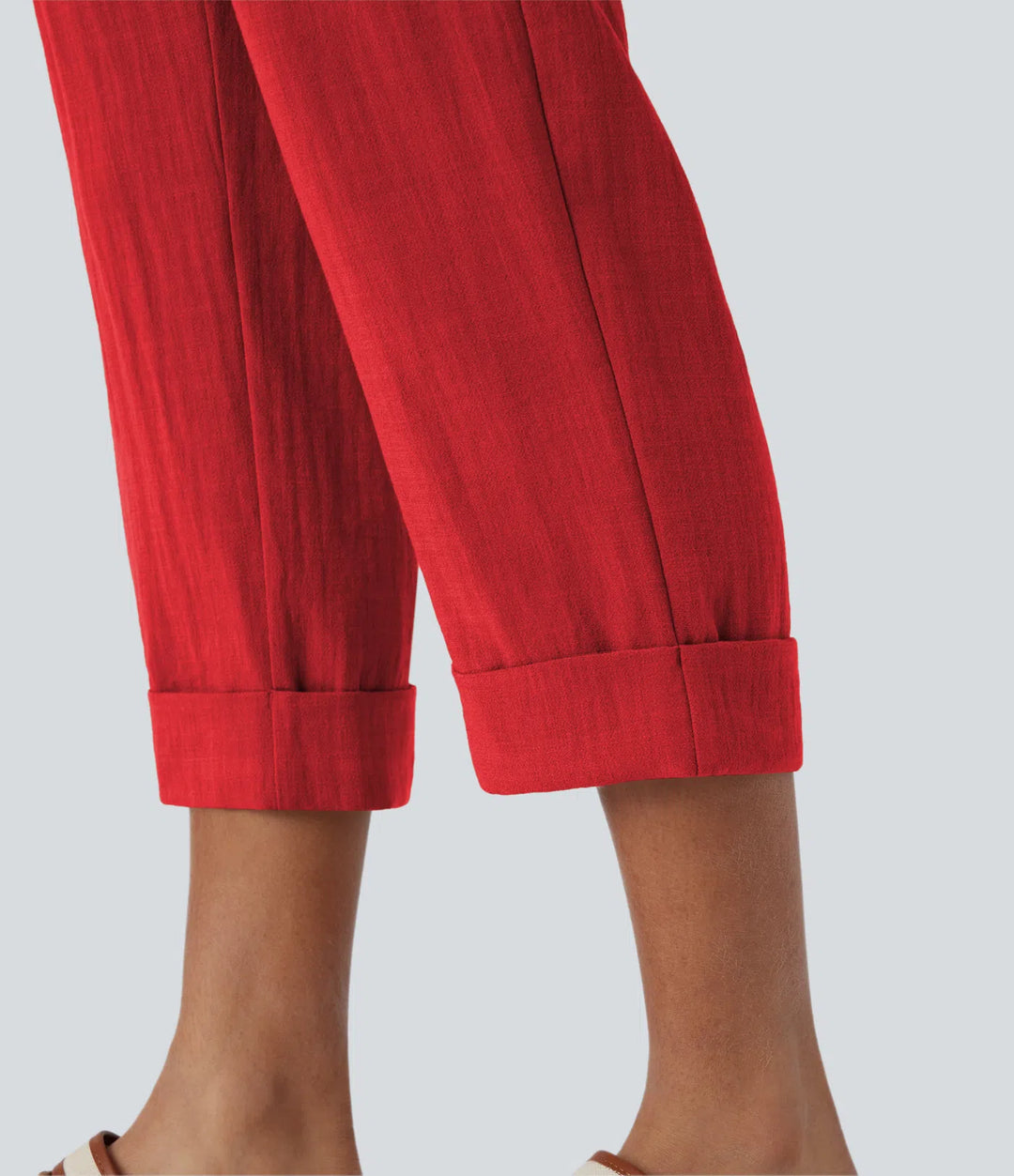 Pantalon capri effet lin taille haute avec poches zippées