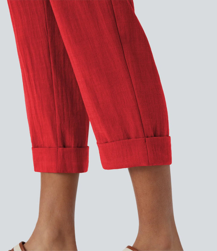 Pantalon capri effet lin taille haute avec poches zippées