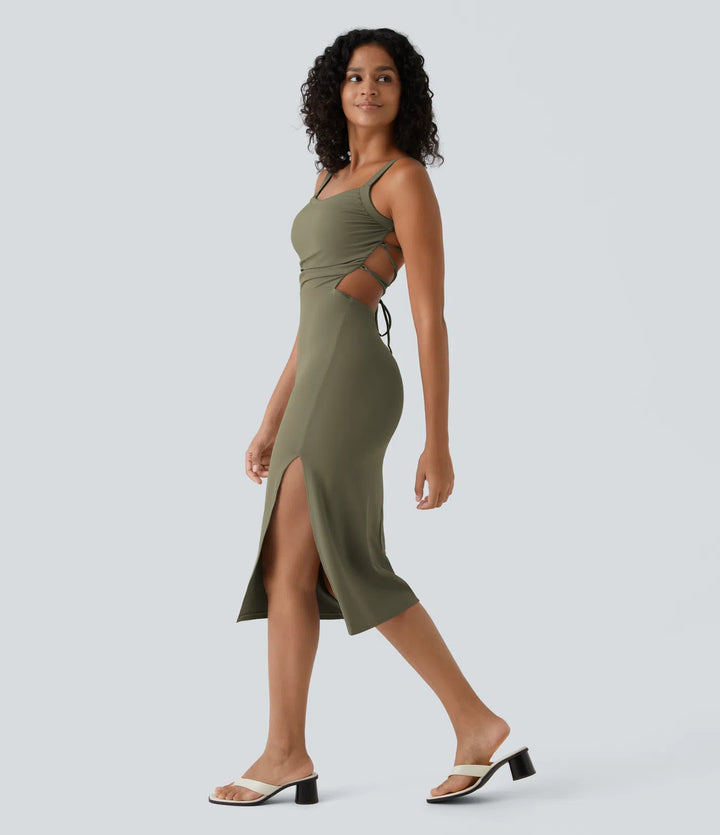 Robe midi casual laquée fendue, brassière intégrée, dos nu croisé