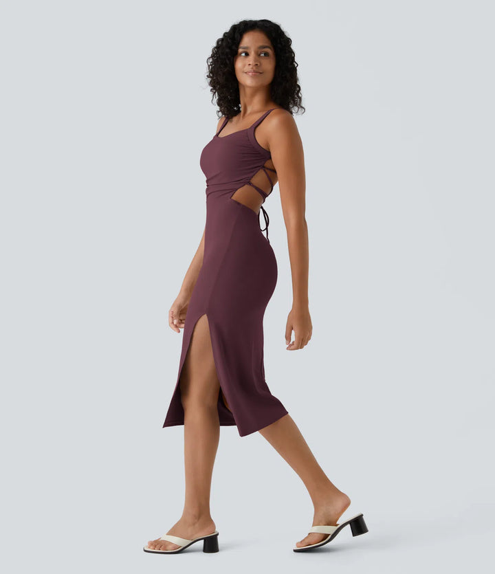 Robe midi casual laquée fendue, brassière intégrée, dos nu croisé
