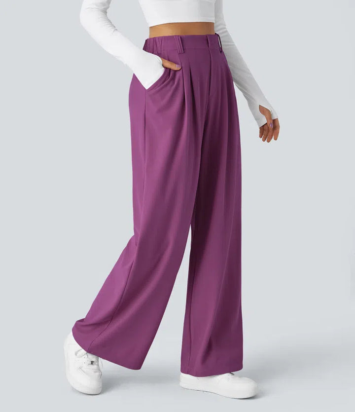 Pantalon fluide à taille haute et jambes larges, en tissu gaufré, avec poches latérales
